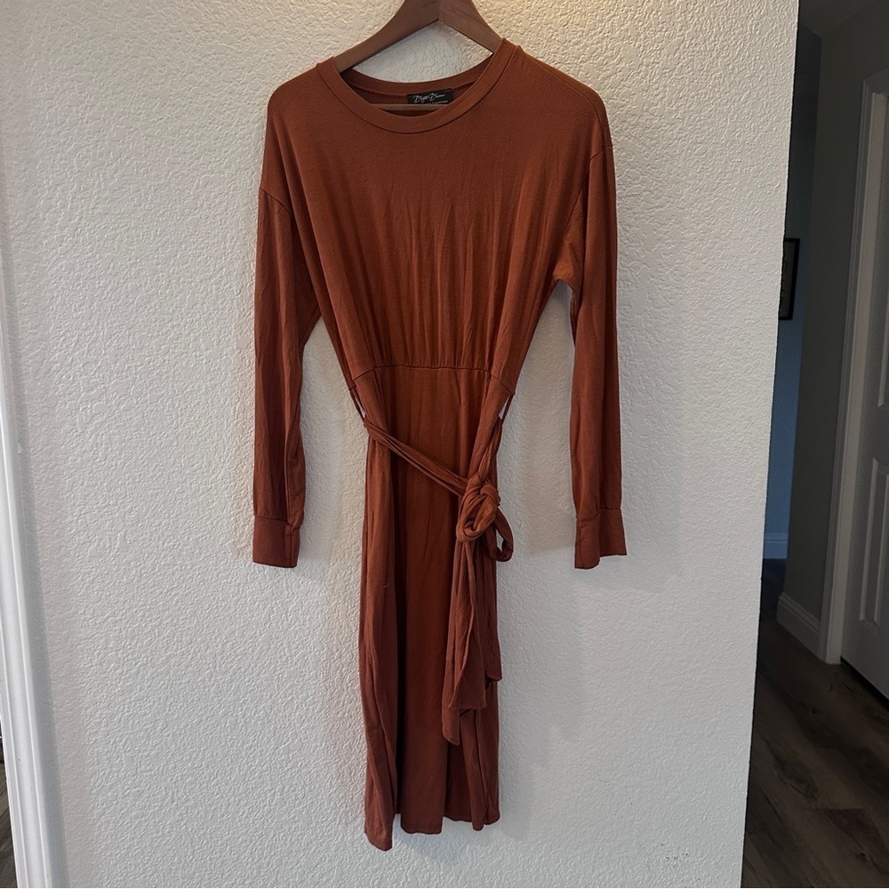 Brigitte Brianna Rust Brown Long Sleeve Midi Dress Medium - Modest Style Belted